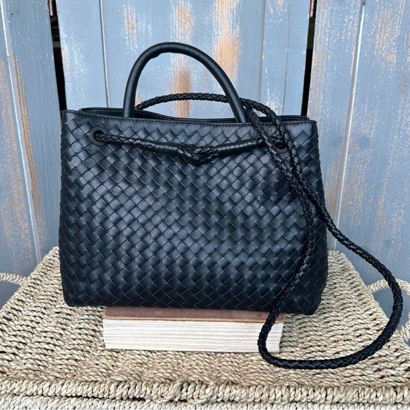 Quince Italian Leather Handwoven Satchel Black NWOT - Picture 2 of 16